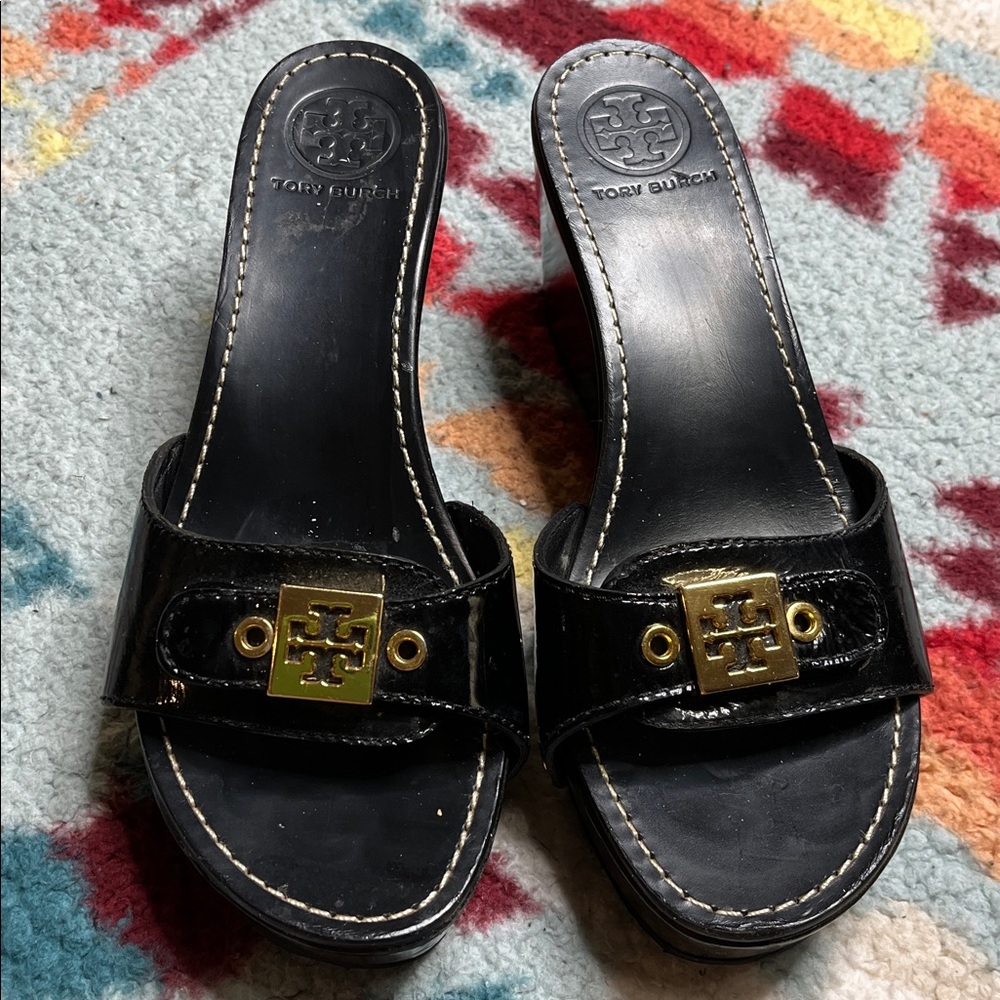 Tory Burch black wedge patent leather sandals
